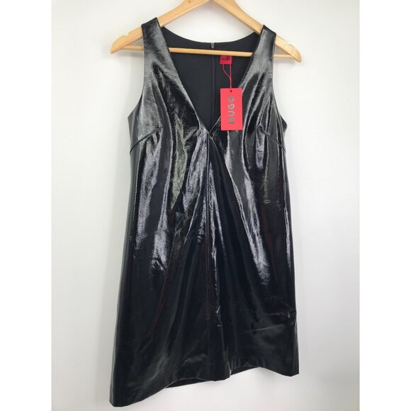 HUGO Kadice Faux Leather Effect A-Line V-Neck Dress Black Size 4 NEW - Picture 5 of 11